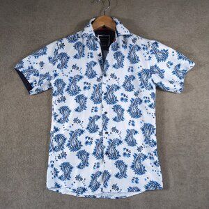 Silver Stone Shirt Mens Small White Blue Paisley Cotton Modern Fit‎ Button Up